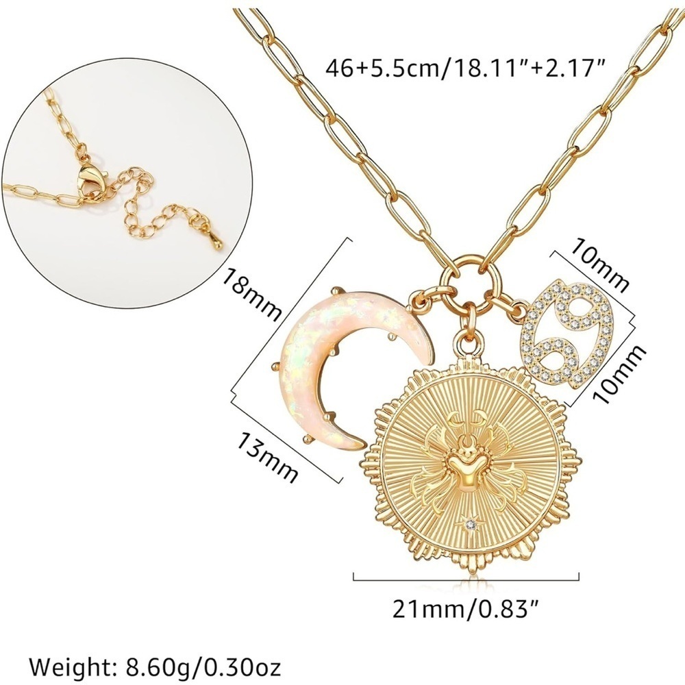 Cancer zodiac charm necklace in gold with opal crescent moon, blinged cancer - Picture 2 of 3